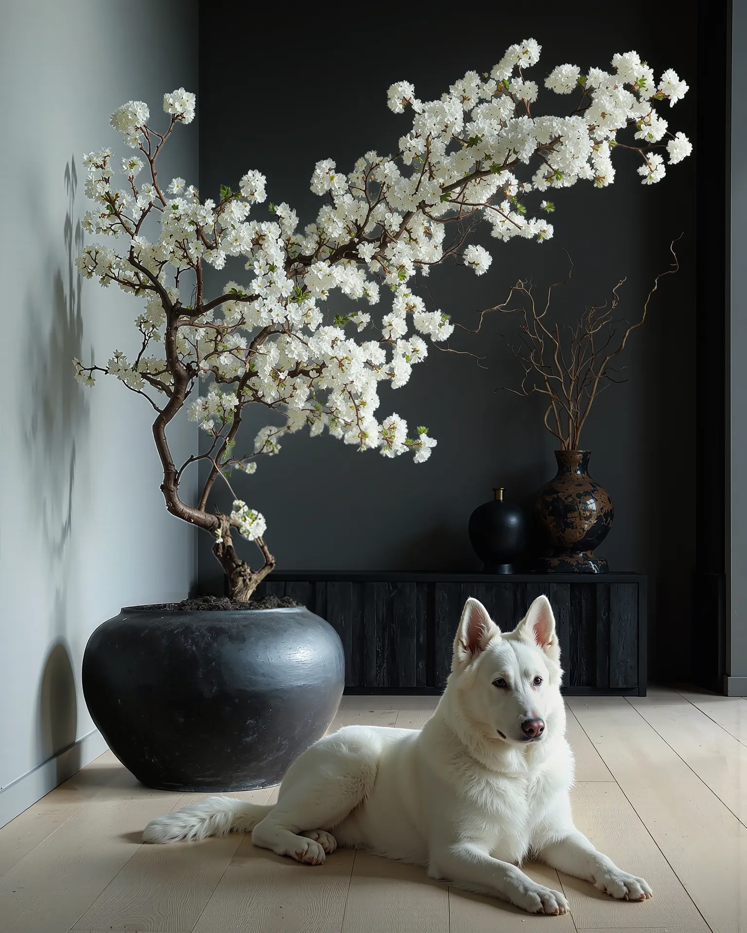 Witte Japanse bloesemboom in de woonkamer met Zwitserse witte herdershond op de vloer