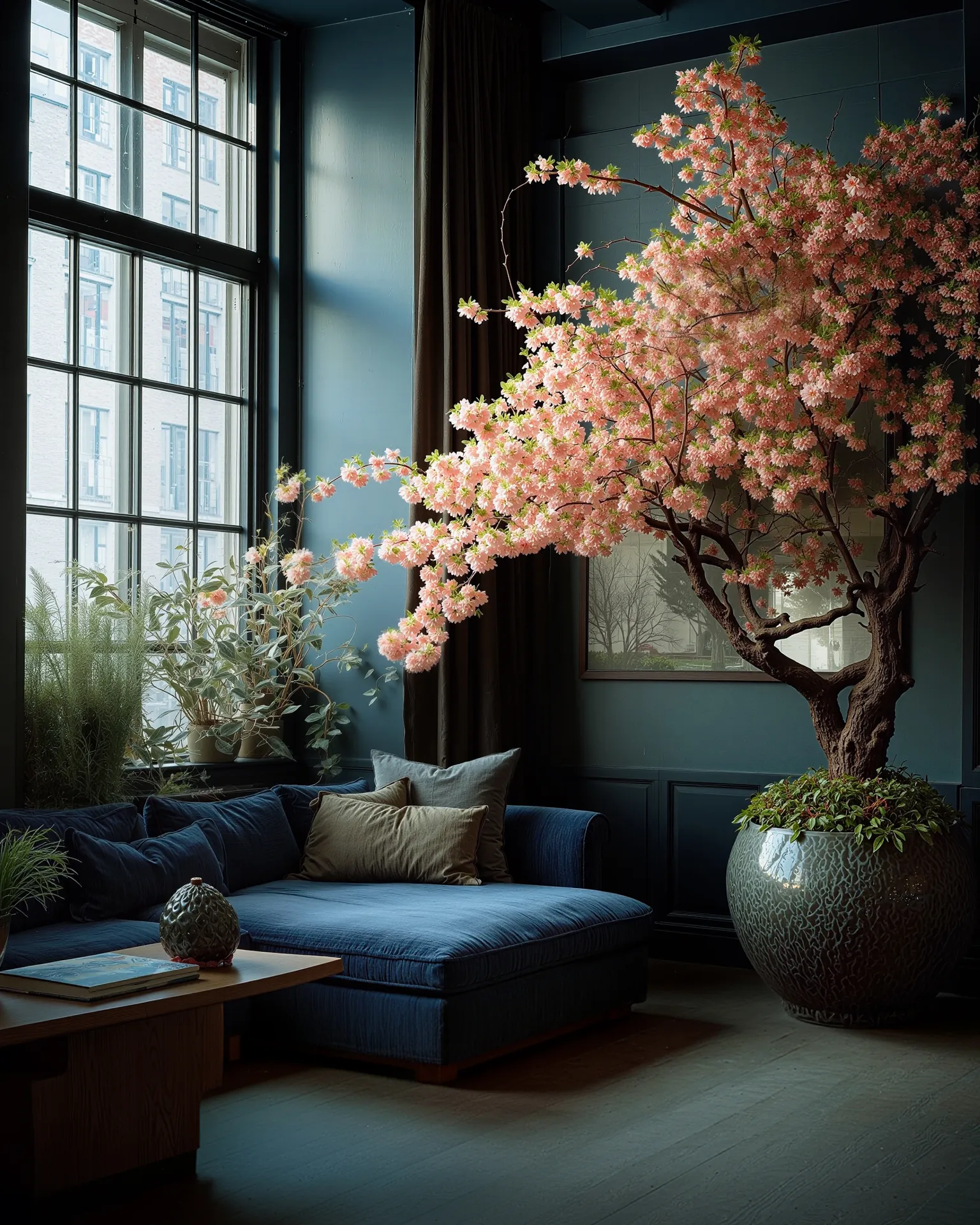 Premium kunstboom kersenbloesem roze in woonkamer