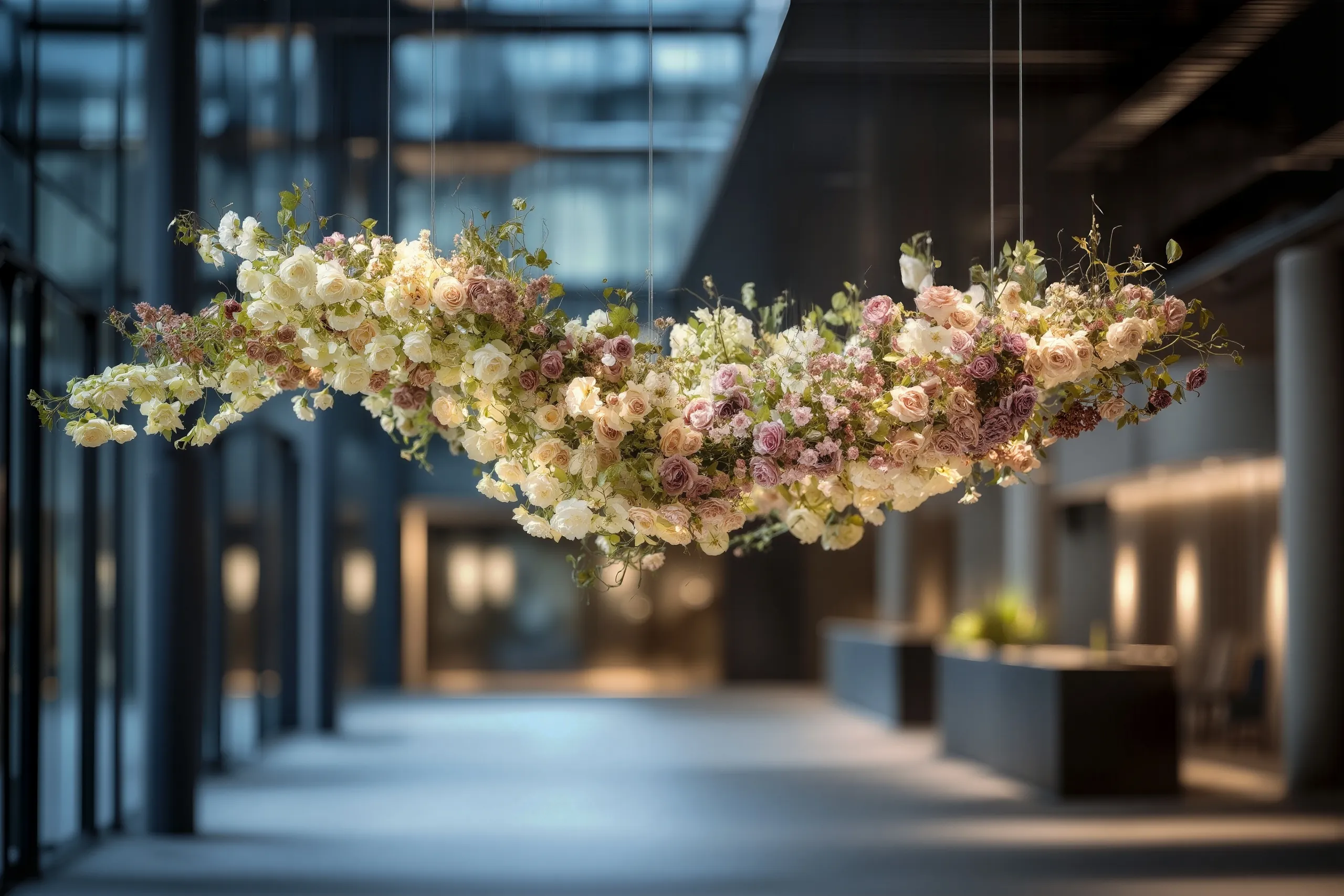Premium kunstbloemen installatie hangend aan plafond kantoor